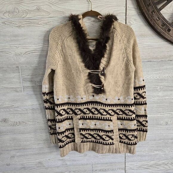 Kenji Sweaters - Kenji Handknit Wool Blend Hooded Fur Sweater Womens SZ L